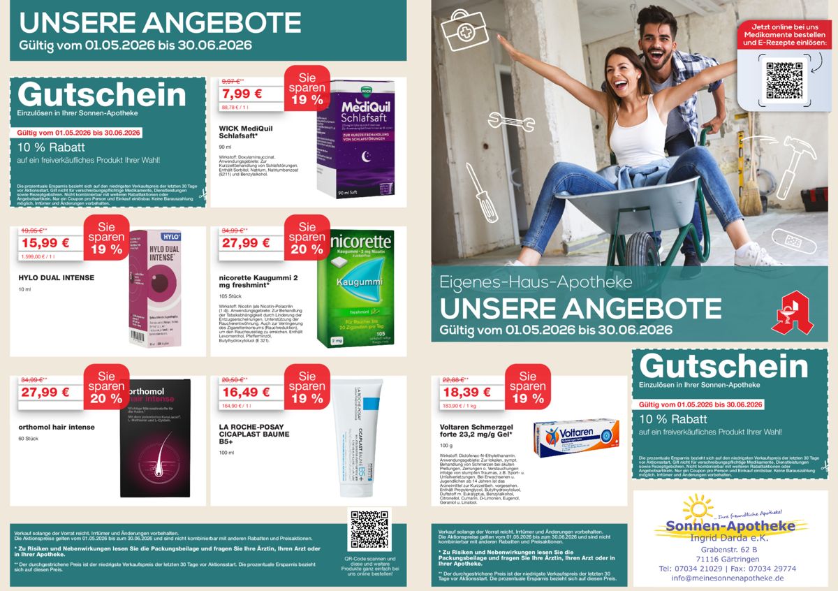 Angebotsübersicht der Sonnen-Apotheke Gärtringen mit Winter-Aktionspreisen für Erkältungsmedikamente, Rabatt-Gutscheinen sowie QR-Code zur Online-Vorbestellung über die Apotheke
